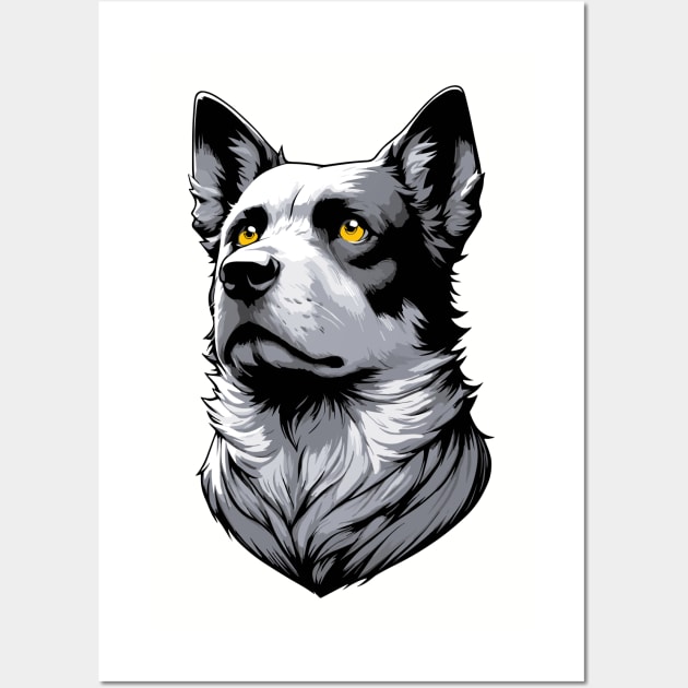 Stunning and Cool Australian Cattle Dog Monochrome and Gold Portrait for Father's Day Wall Art by ArtRUs